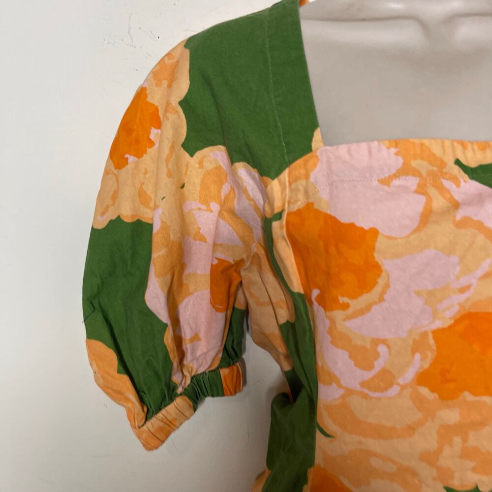Eudon Choi linen blend Orange Green Floral Puff Sleeve Midi Dress sz 2 - Picture 8 of 8